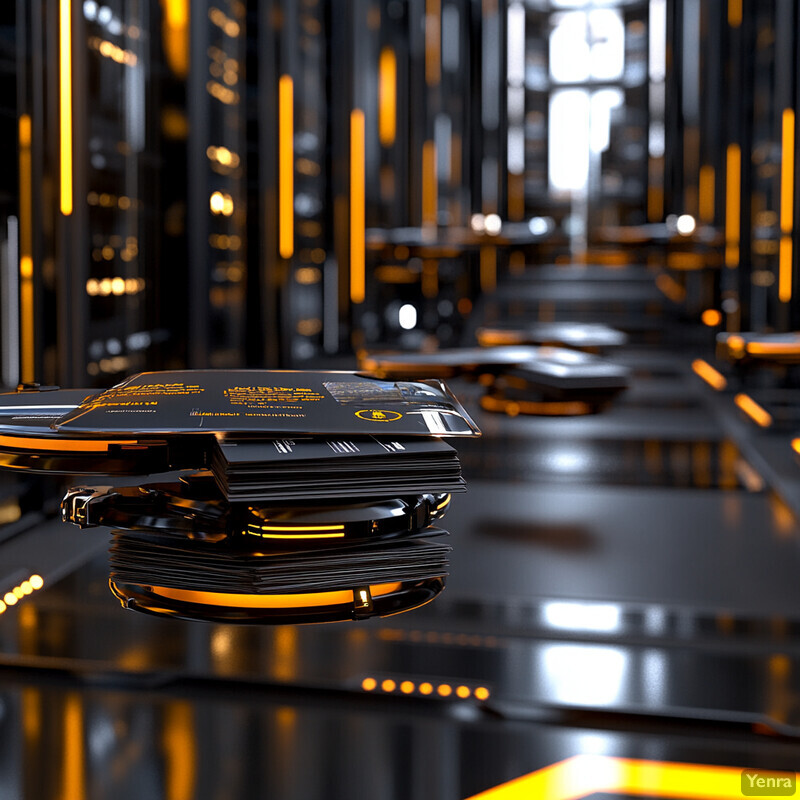 A futuristic room with black walls and floors, illuminated by yellow lights, containing stacks of papers or documents.