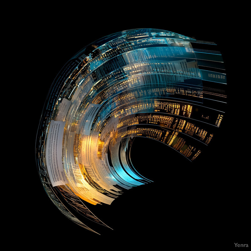 A swirling vortex of data and information, with lines of code, text, and other digital elements in constant motion.