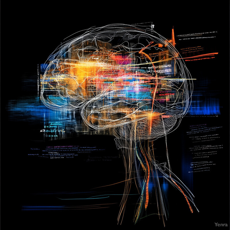 A digital artwork featuring a white brain outline with intricate lines and shapes against a black background.