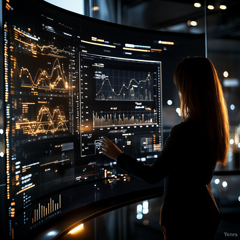 A businesswoman stands in front of a large screen displaying analytics data, likely during a meeting or presentation.