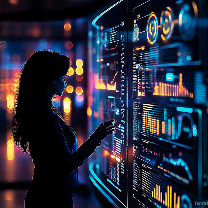 A woman is intently studying a collection of screens displaying data analytics and visualizations.