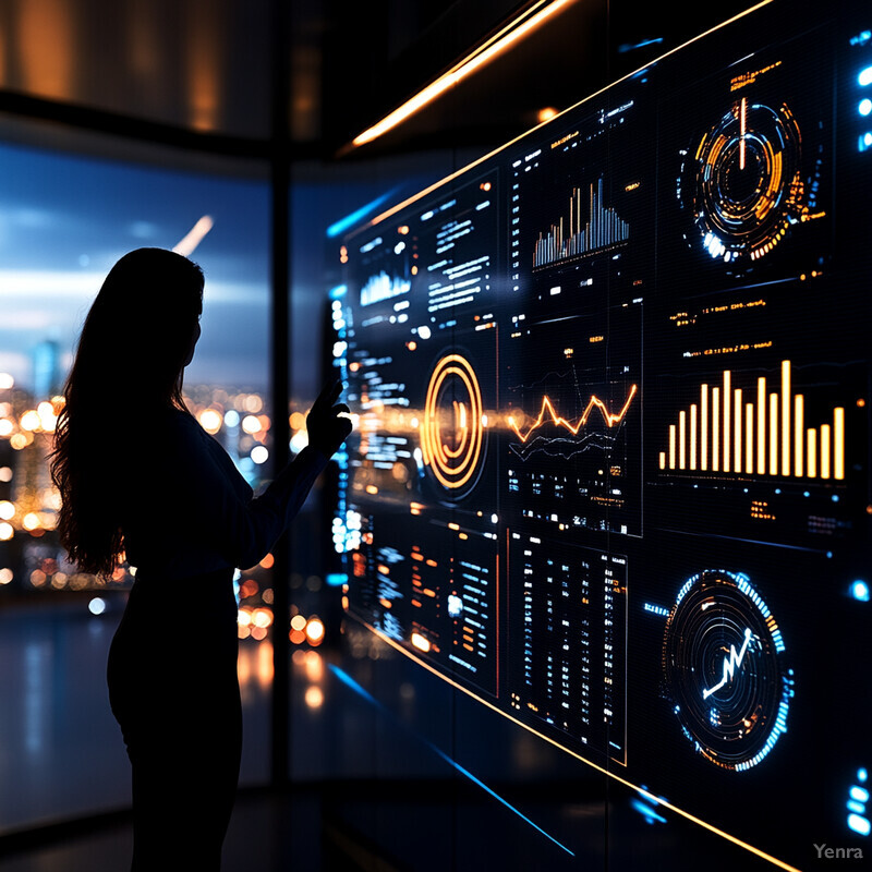 A woman in business attire stands in front of a large screen displaying data analysis or visualization graphs, pointing to one of the graphs.