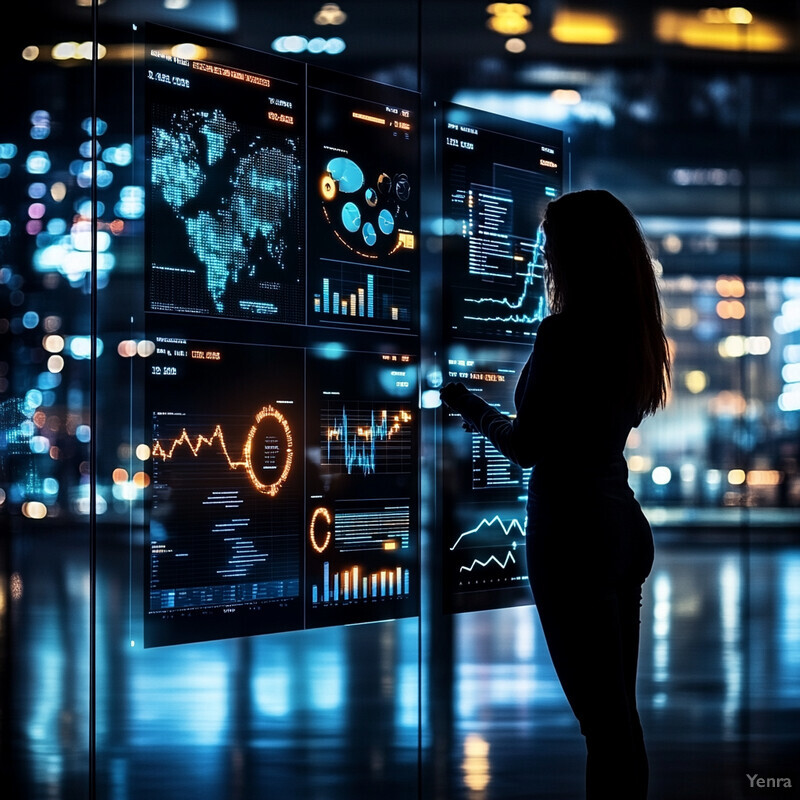 A woman is intently studying data displayed on two large screens in an office setting.