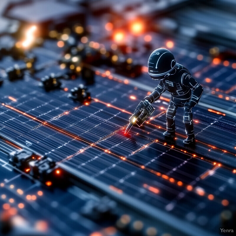 A miniature astronaut stands on a circuit board in a dimly lit laboratory.