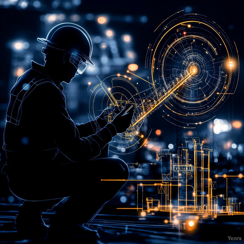 A silhouette of a construction worker in safety gear examines a blueprint on scaffolding, conveying industriousness and attention to detail.