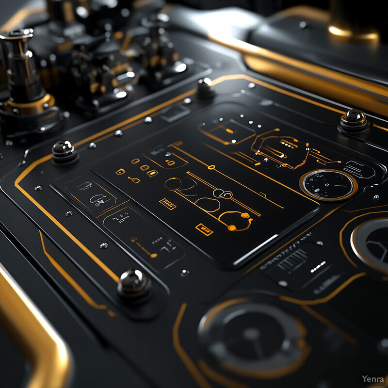 Automated Control Systems dashboard with black and gold design, featuring various control panels and displays.