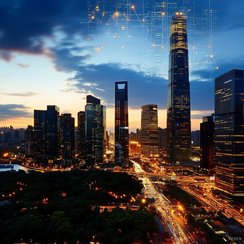 A cityscape at dusk, with towering skyscrapers and bustling streets.