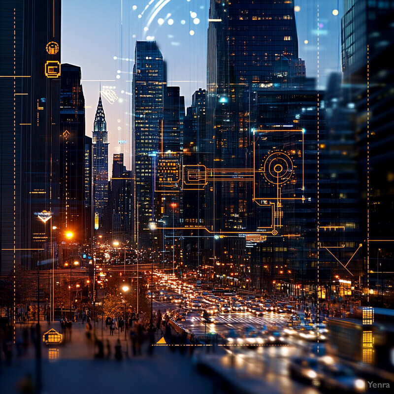 A cityscape at night, with towering skyscrapers and bustling streets.