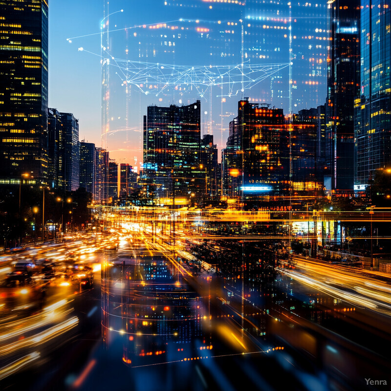 A cityscape at dusk or dawn, with tall buildings and a busy highway.