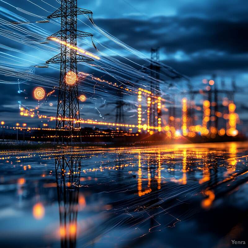 A futuristic depiction of power lines highlighting enhanced grid stability through advanced technology integration.