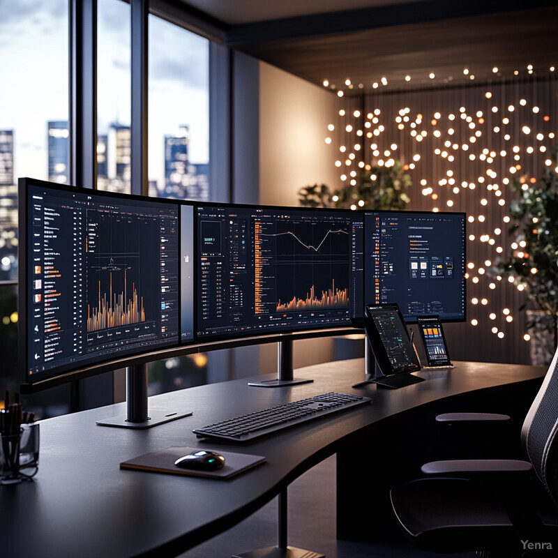 A dimly lit office room with four computer monitors displaying financial data visualizations.