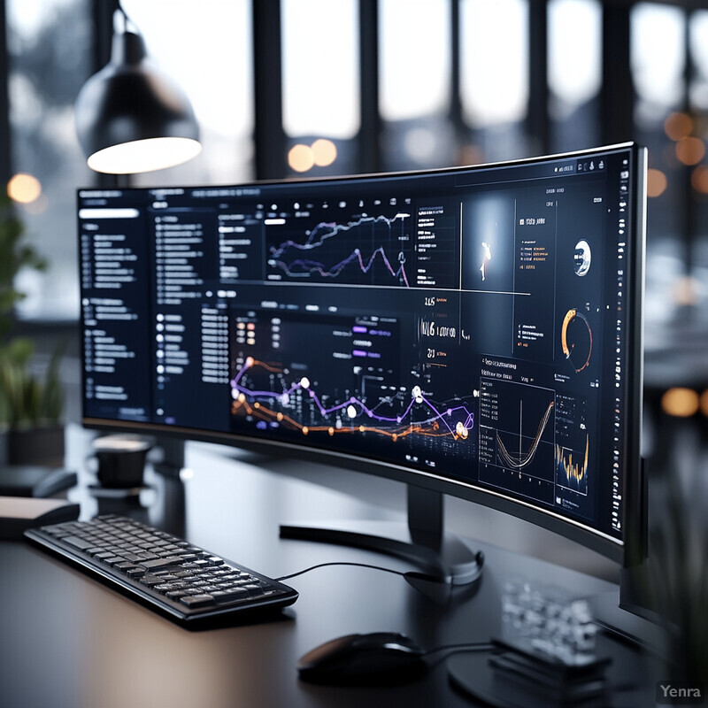 A computer monitor displaying graphs and charts on a desk in an office setting.