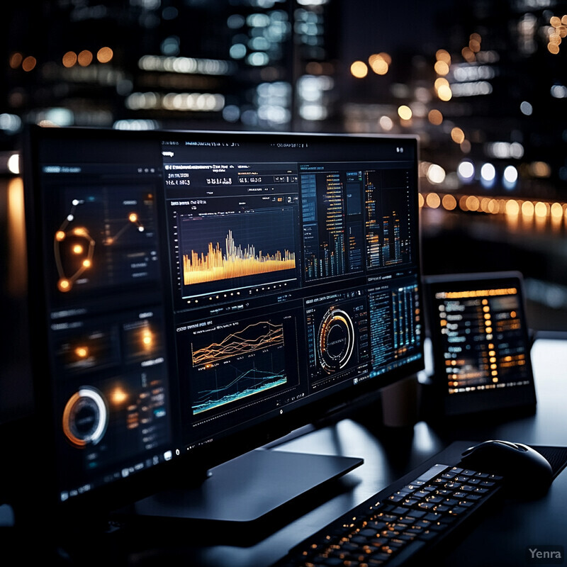 A computer workstation with three monitors displaying advanced data analysis graphs and charts.