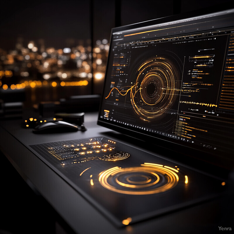 A computer setup with a large monitor and keyboard in front of it, displaying various graphs and charts.