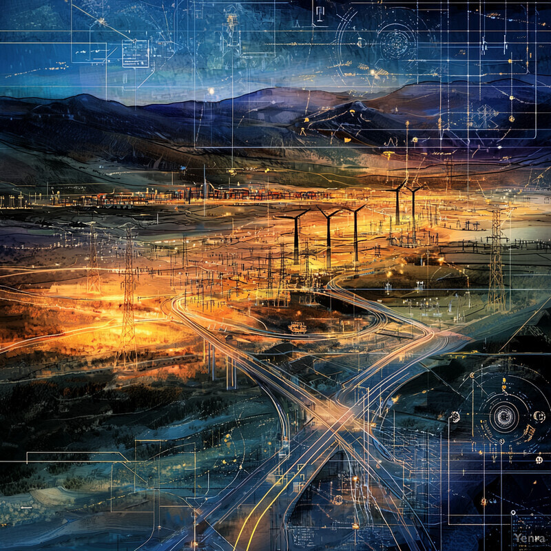 A dynamic and modern landscape with rolling hills, mountains, wind turbines, and complex roadways.