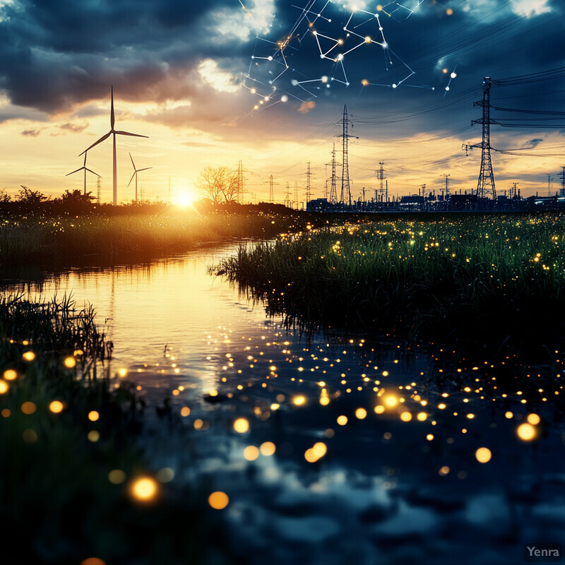 A peaceful landscape with a body of water and electricity towers in the distance.