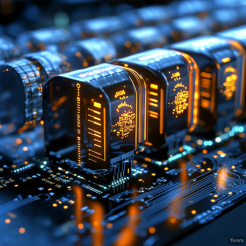 Array of battery cells or capacitors on a circuit board.