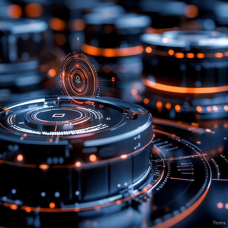 A futuristic and high-tech image featuring rows of circular objects with metallic sheens and glowing orange accents.