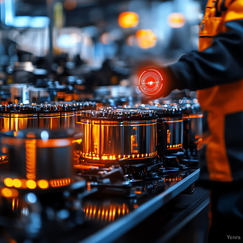 A person in an orange jumpsuit is working with machinery in a manufacturing facility.