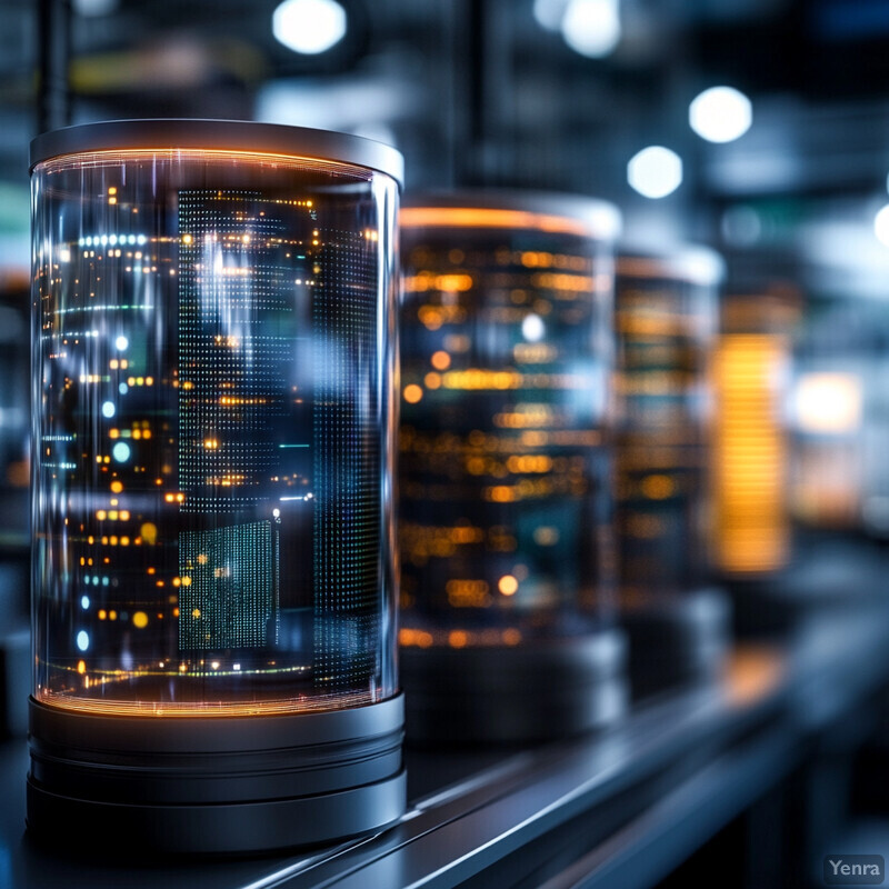 Futuristic-looking room with rows of cylindrical objects displaying data and information.