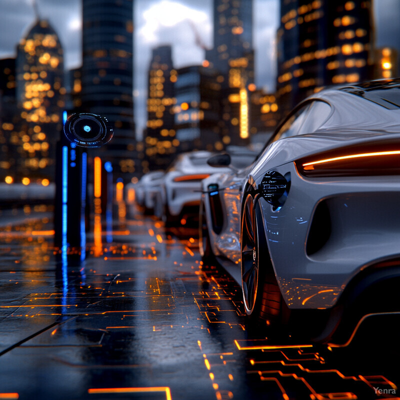 Electric vehicles parked in front of a cityscape with charging stations.