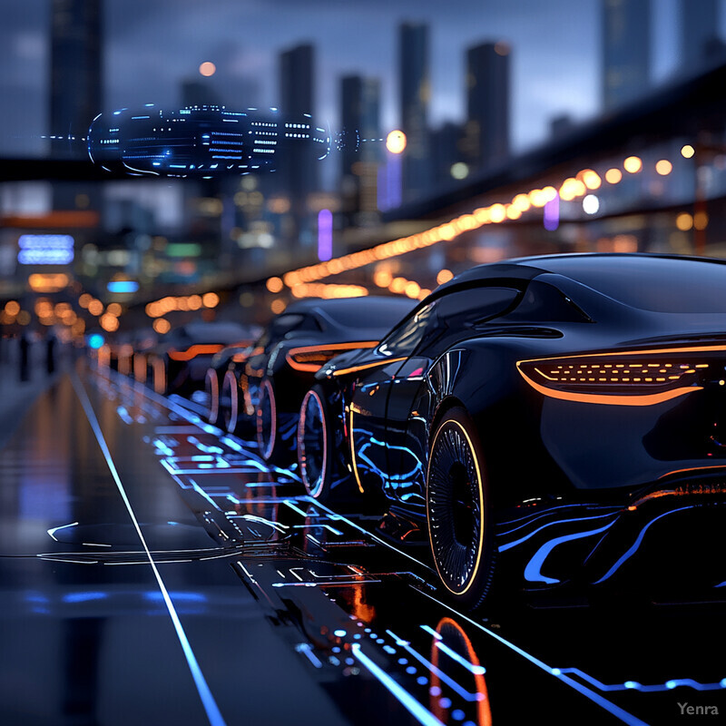 A futuristic scene featuring sleek black cars and a glass road in front of a city skyline.