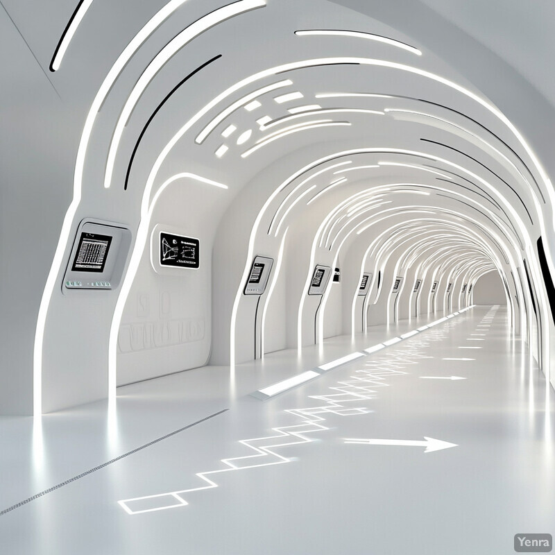 A futuristic-looking hallway with white walls and floor, featuring embedded lights and static screens.