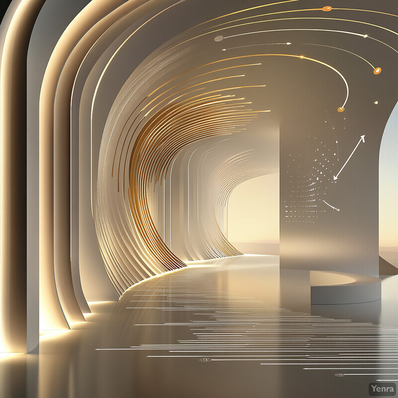 Abstract tunnel with curved walls and floor, illuminated by gold lighting