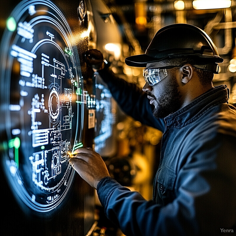 A man in a hard hat and safety glasses examines a large screen displaying technical data in an industrial setting.