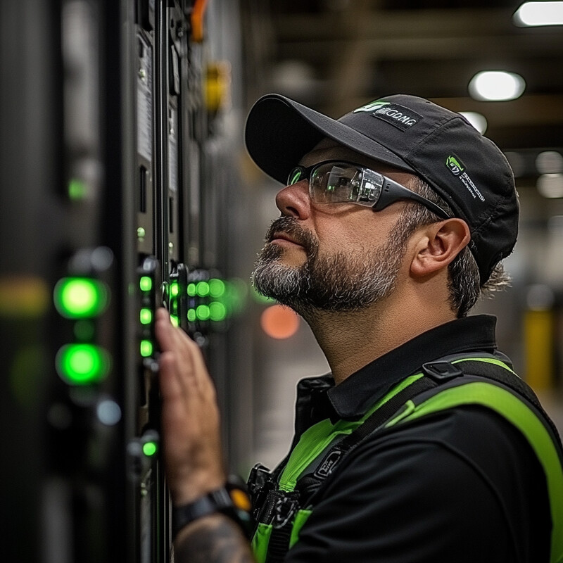 A man in a black polo shirt with green accents and safety glasses stands in front of a control panel.