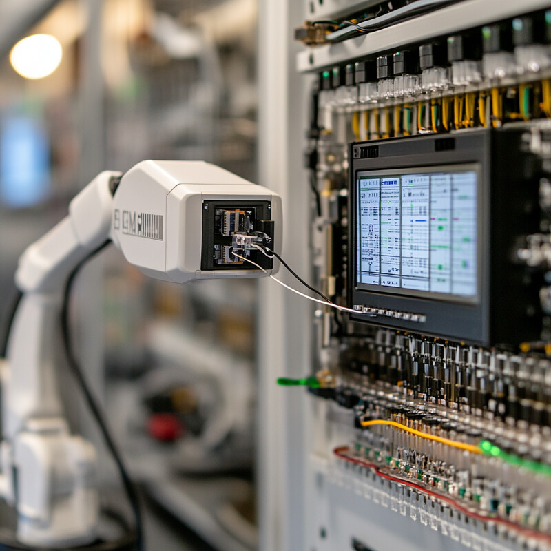 An industrial scene with a large machine or device at its center, accompanied by various screens and control panels for monitoring and adjusting settings.