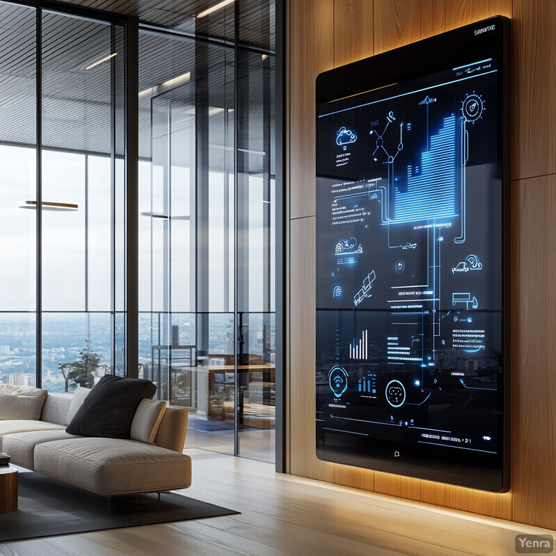 A modern living room with a large screen displaying technical information and a beige sofa.