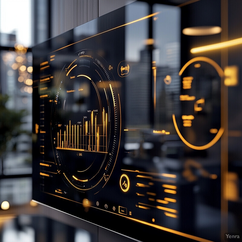 A modern digital display with gold data visualizations in a control room setting.