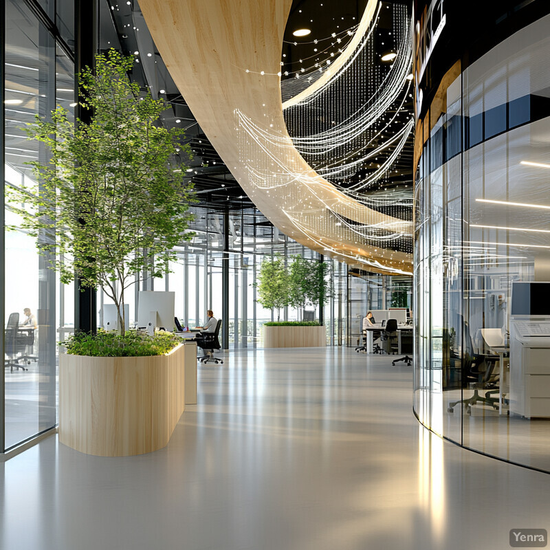 The image shows a modern office space with a wooden desk, computer monitor, and bookshelf.