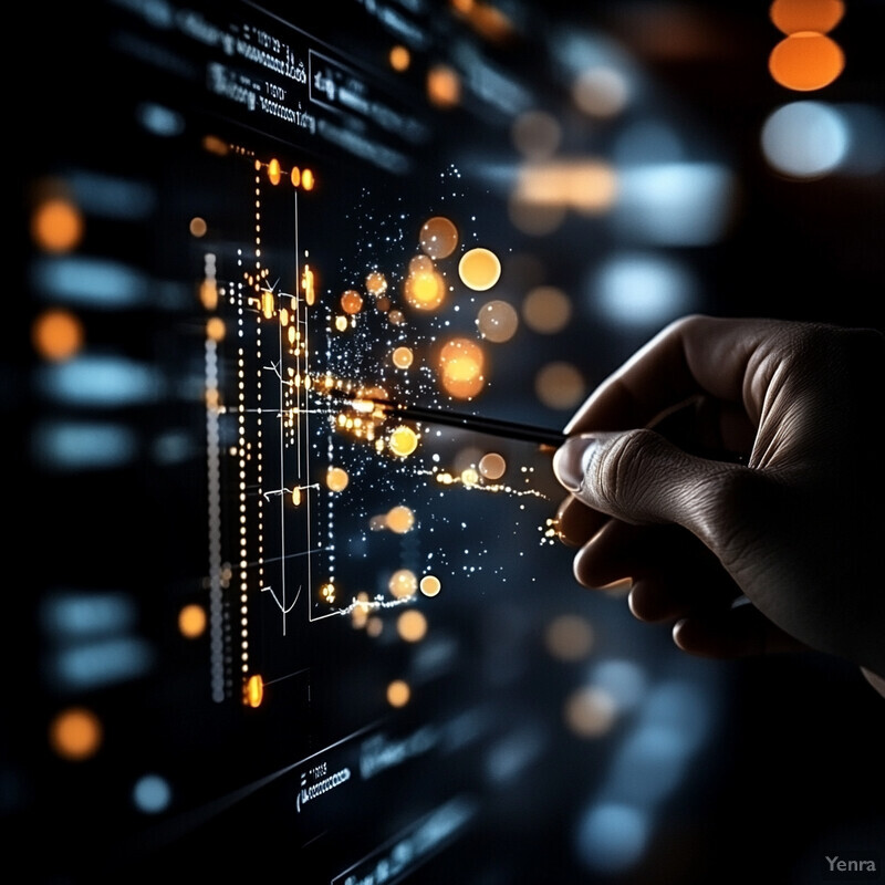 A hand is holding a stylus pen over an interactive screen displaying data related to building management systems.