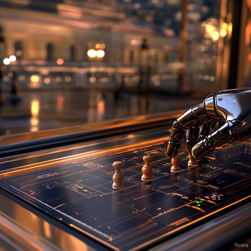 A robotic hand interacts with a computer-generated interface in a futuristic laboratory or research facility.