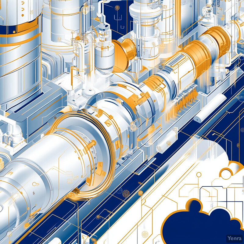 Intricate illustration of industrial components in a silver and gold color scheme.