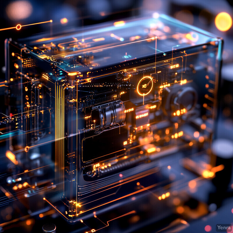 Futuristic computer system with transparent casing and orange lights.