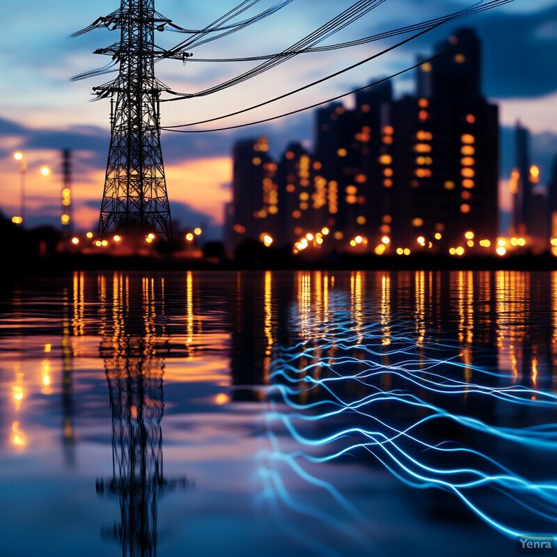 A cityscape at dusk or dawn featuring a prominent power line tower and multiple wires.