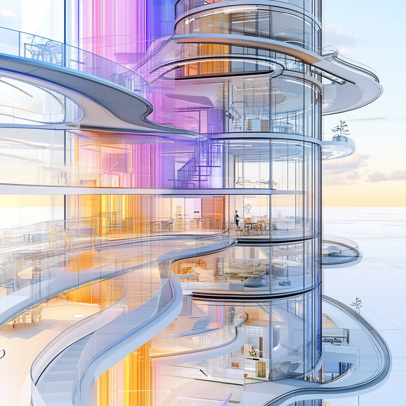 A futuristic, multi-story building with transparent walls and floors, featuring a unique color scheme and multiple levels.