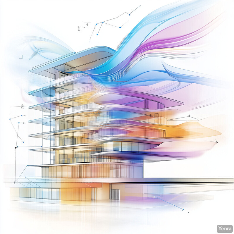 Abstract architectural rendering of a modern building with multiple levels and balconies.