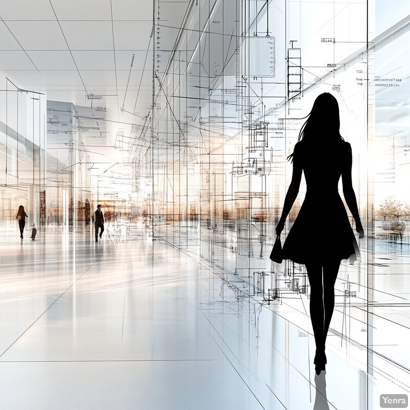 A woman walks towards the camera in a large office space, with multiple people visible in the background.