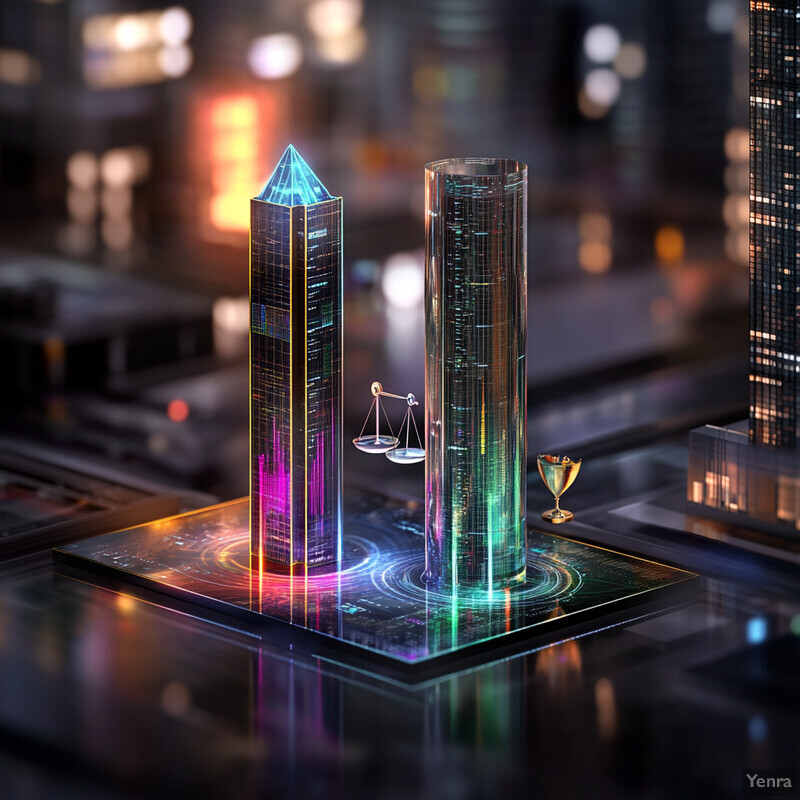 A futuristic cityscape with interactive displays and exhibits.