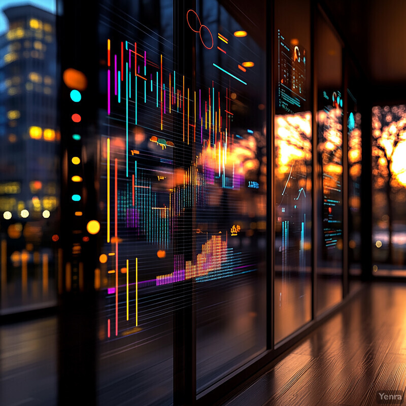 Predictive analytics for demand forecasting is visualized through neon lights reflecting off a city window at sunset.