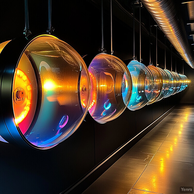 A row of large, transparent circular objects suspended from the ceiling in a dark room.