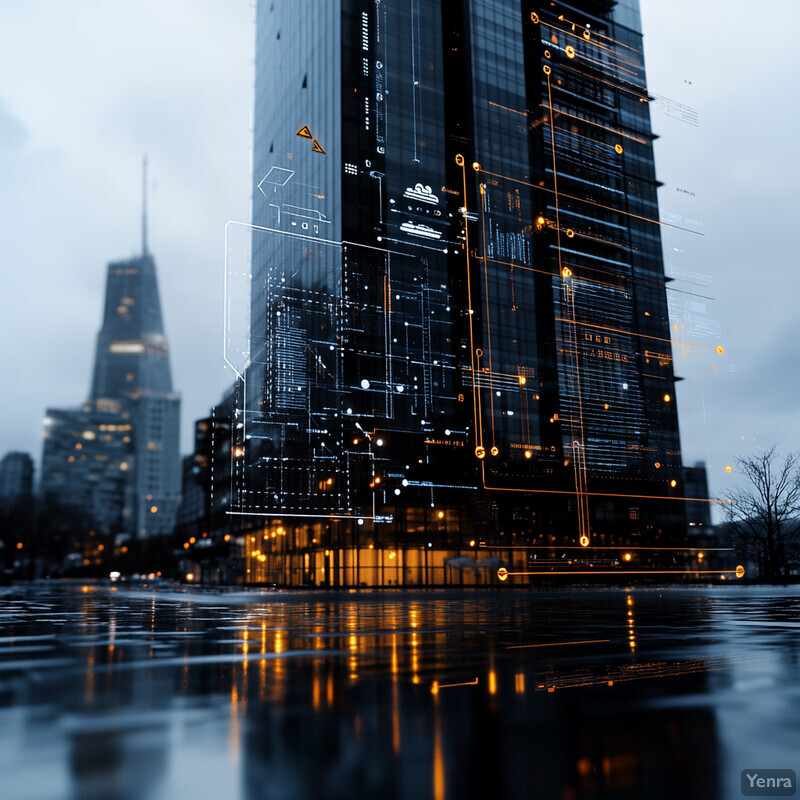 A city building with a unique design and a gloomy atmosphere.