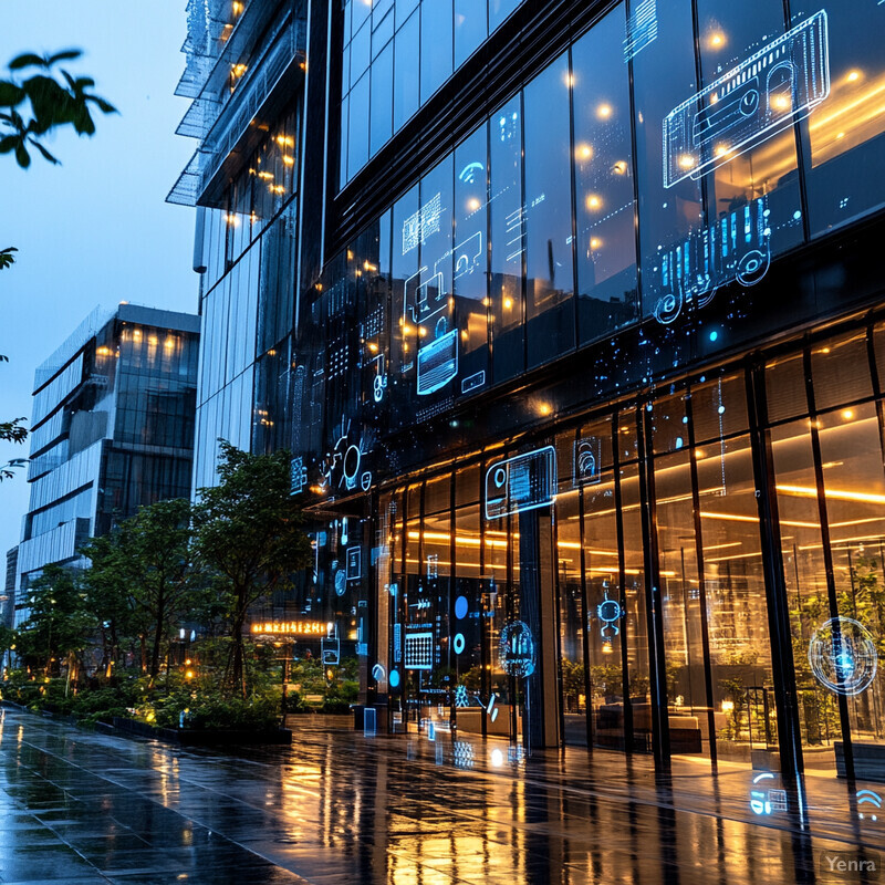 A modern office building with a sleek glass facade and an open lobby area.