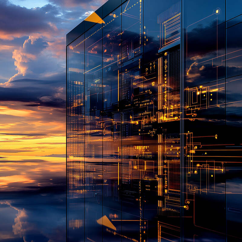 A futuristic server room with rows of servers and a large screen displaying a map of the world.