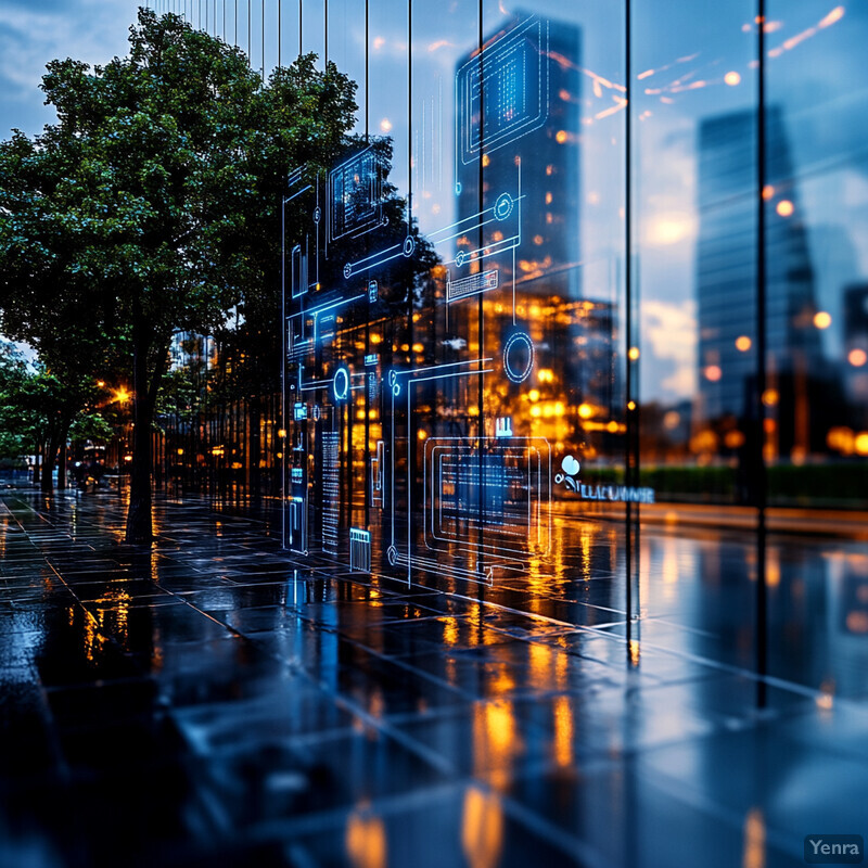 A city street at dusk with tall buildings and a wet sidewalk.