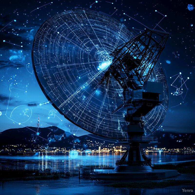 A large satellite dish is positioned on the shore of a body of water, possibly an ocean or lake, at night.